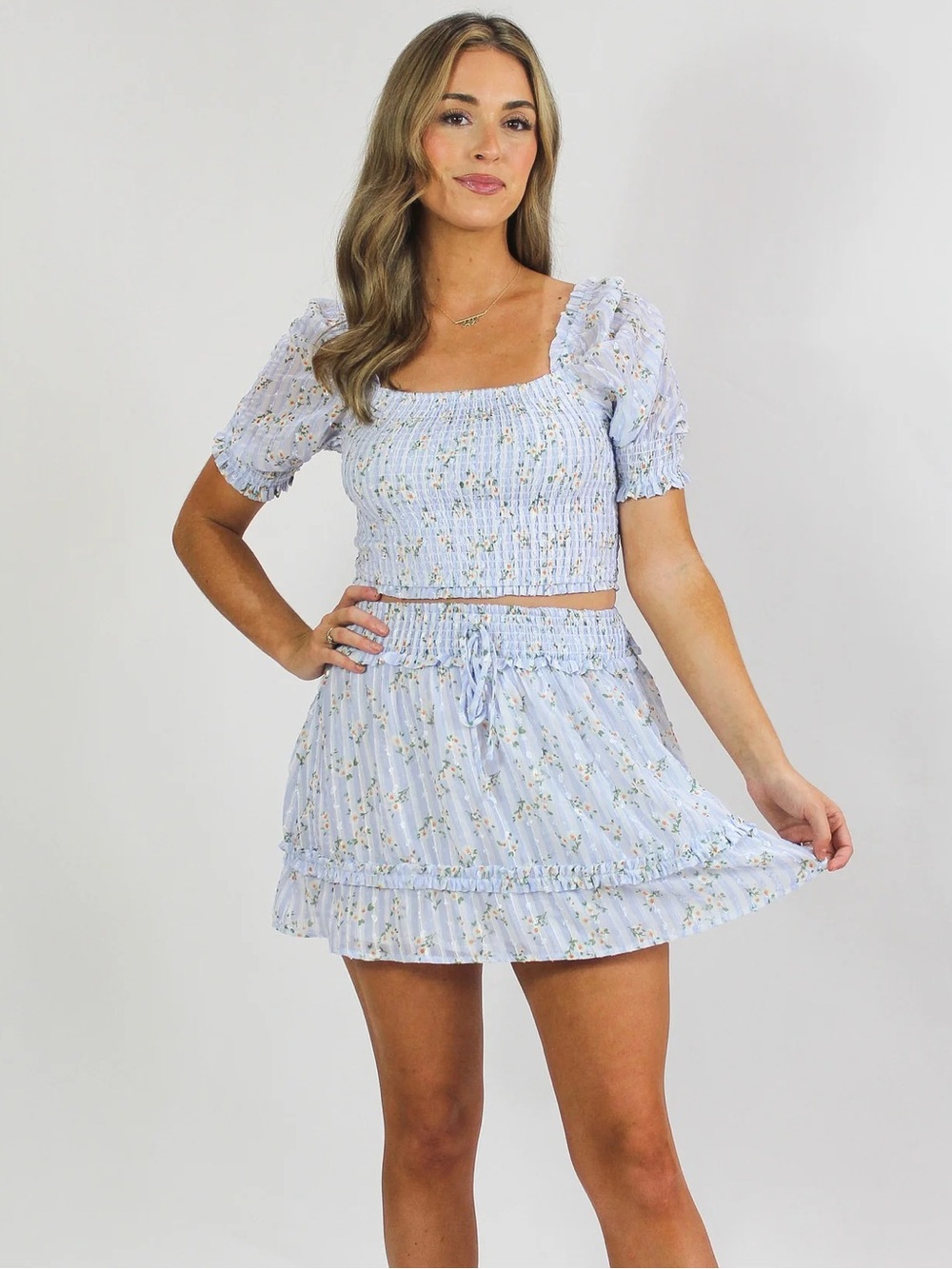 NWT Storia Smocked Puff Sleeve Gingham Print Floral Blouse and Skirt Set S Blue